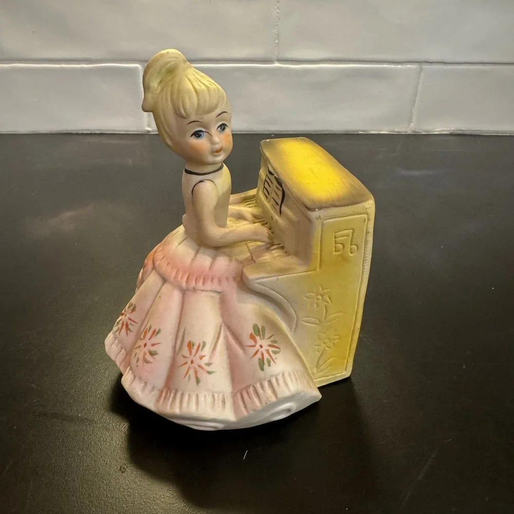 Vintage Girl at Piano Figurine Home Decor 6in Pink Yellow Hand Painted Kitsch